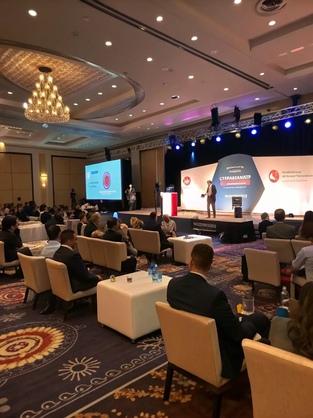 A sophisticated corporate gala with modern decor, professional stage setup, and branded elements, reflecting Elite Event Sphere's expertise in corporate event planning.
