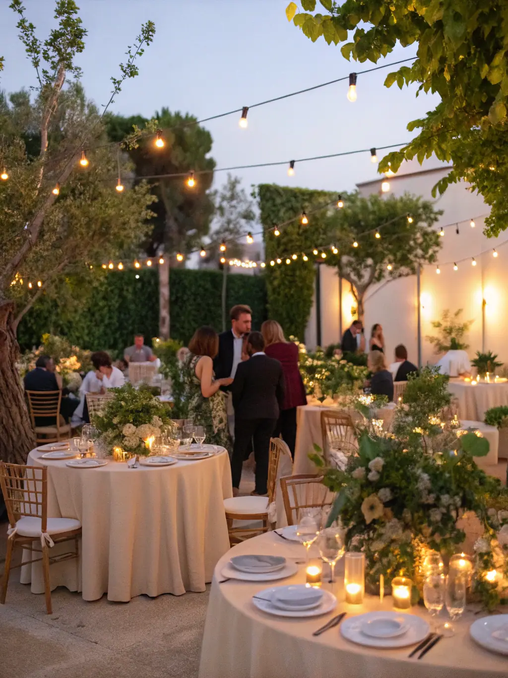 A stunning destination event at a scenic lakeside venue with elegant outdoor dining, live music, and a breathtaking sunset backdrop, highlighting Elite Event Sphere's destination event capabilities.