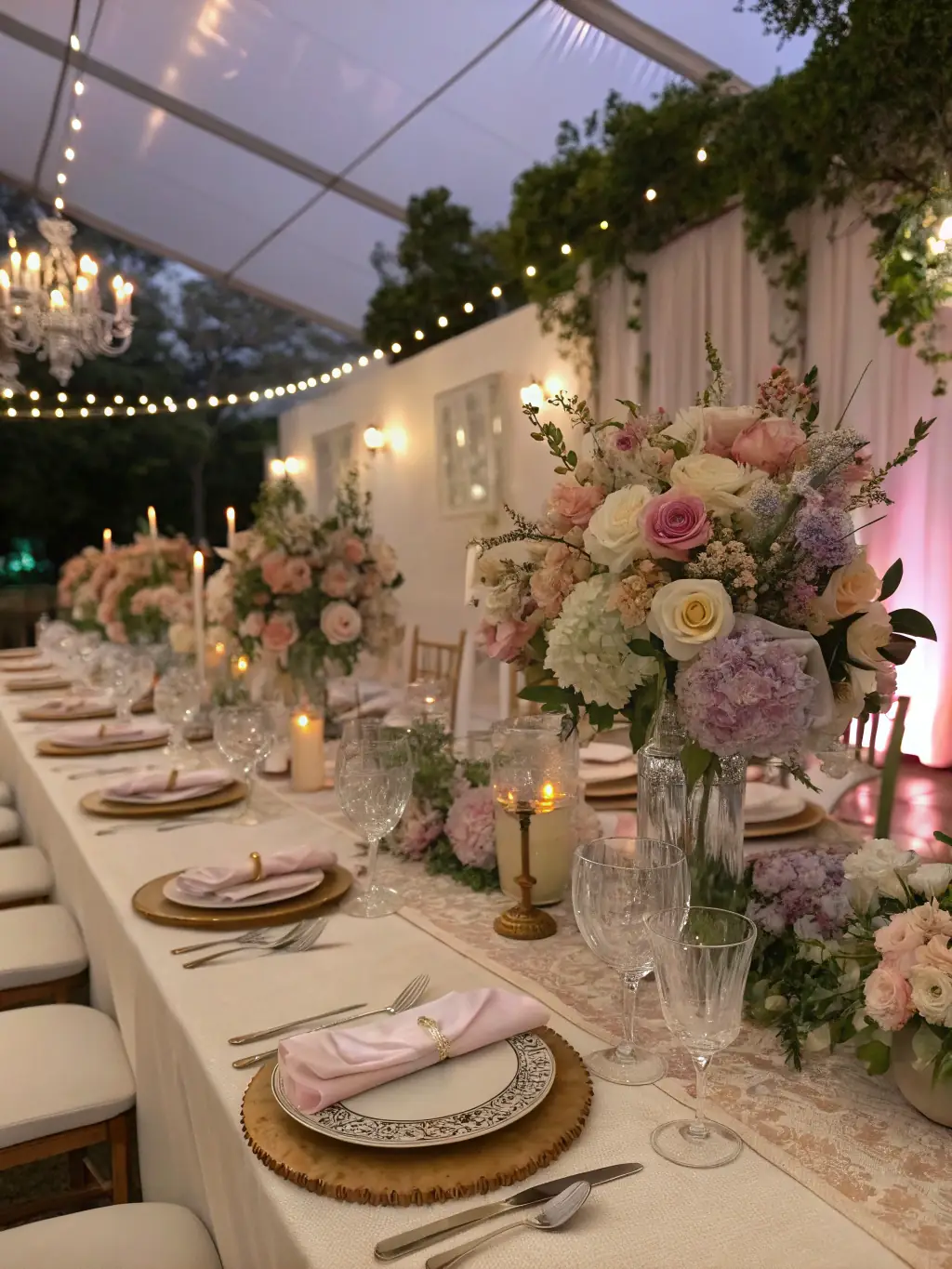 A beautifully decorated wedding reception with elegant floral arrangements, soft lighting, and luxurious table settings, capturing the essence of a high-end wedding planned by Elite Event Sphere.