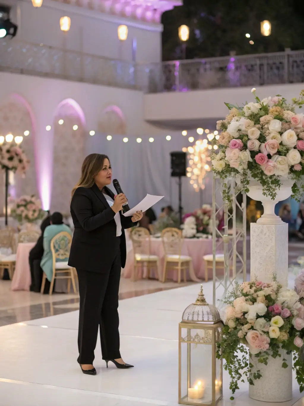 A close-up shot of a wedding planner meticulously adjusting a floral arrangement at a luxury wedding venue, showcasing attention to detail.